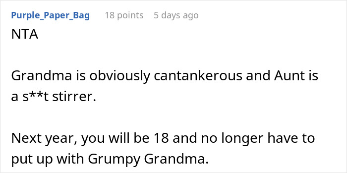 Comment discussing 17YO venting about sharing a birthday with grandma and aunt overhearing, sparking family drama.