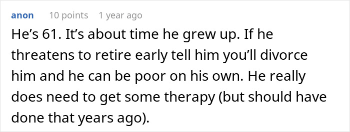 Screenshot of an online comment discussing husband feeling emasculated and advice on handling financial dynamics in marriage.