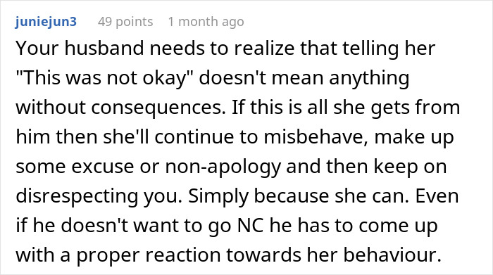 Comment discussing new mom confronting MIL over unhinged behavior and the need for proper consequences in family dynamics.