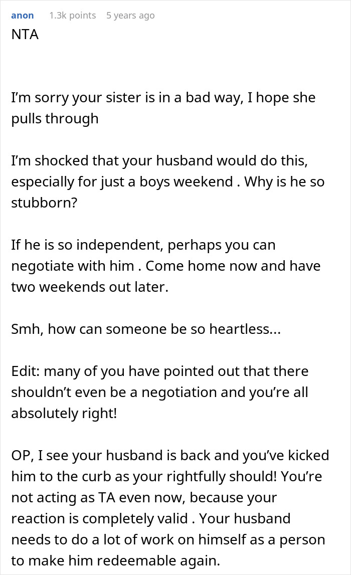 Reddit comment expressing shock at husband using boys trip as a disguise for affair and refusing to come home for family emergency.