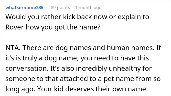 Screenshot of a Reddit comment discussing naming a baby after a childhood dog and reactions to the idea.