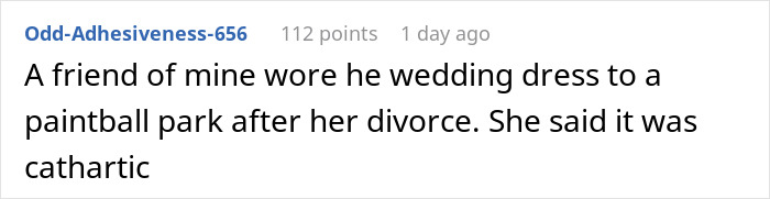 Screenshot of a forum post sharing a story about a guest wearing own wedding dress to a paintball park after divorce.