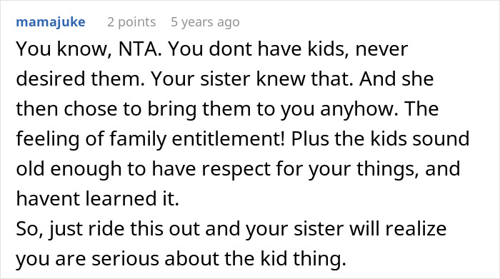 Comment explaining family boundaries and respect when kicking out sister&rsquo;s kids during a family emergency situation.