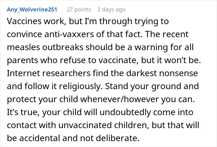Comment discussing vaccines and the impact of unvaccinated children on vaccinated kids, highlighting parental concerns.
