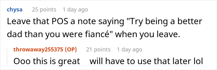 Screenshot of a Reddit comment thread discussing a woman suspecting her fianc&eacute; is hiding a secret kid.