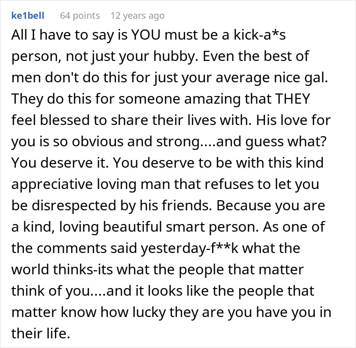 Comment praising a husband&rsquo;s love and respect for his wife, highlighting appreciation despite insults about being ugly.