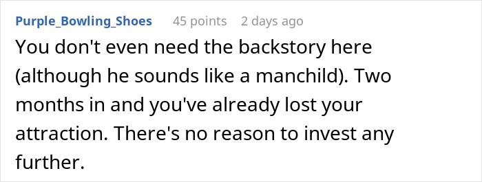 Comment text on a white background discussing loss of attraction to a man after two months of relationship.