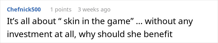 Text comment about a woman refusing to contribute to bills after her boyfriend spends $600K on a house.