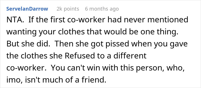 Screenshot of an online comment discussing a coworker offering old clothes to a woman losing weight to show her up. Screenshot of an online comment discussing a coworker offering old clothes to a woman losing weight to show her up.