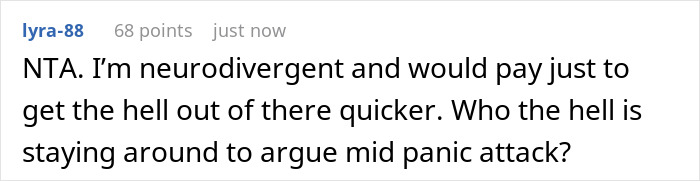Screenshot of an online comment discussing a neurodivergent person having a panic attack and reactions at a restaurant.