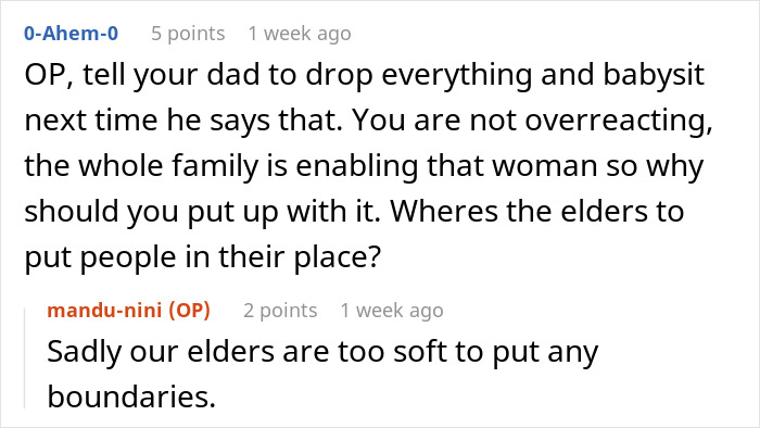 Online discussion about woman gleaming watching cousin&rsquo;s wife struggle after quitting free babysitting job.