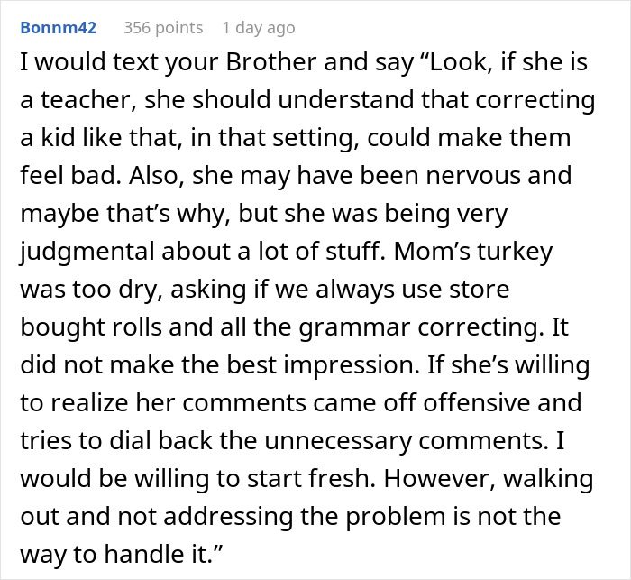 Comment discussing a man not allowed to bring his girlfriend to Christmas after she offended his sibling on Thanksgiving. Comment discussing a man not allowed to bring his girlfriend to Christmas after she offended his sibling on Thanksgiving.