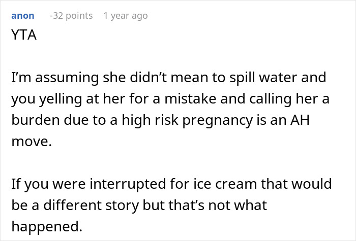 Online forum comment discussing a man snapping at his pregnant bedridden wife during a work meeting.