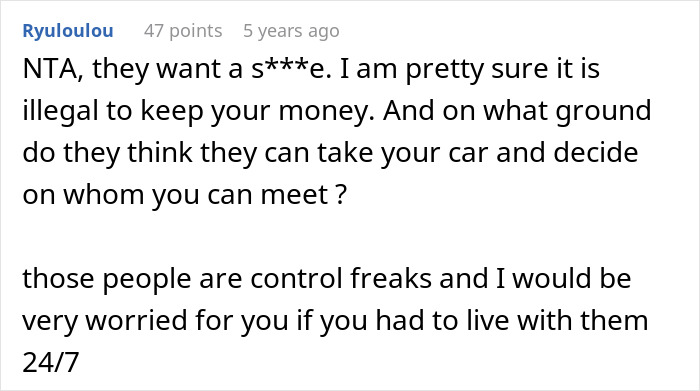 Screenshot of Reddit comment calling live-in nanny job demands illegal and describing employers as controlling freaks.