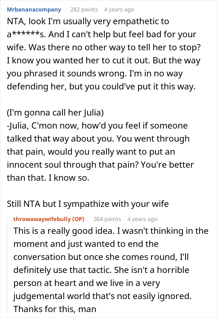 Reddit thread discussing a husband calling his wife a bully and how bullies affected her life deeply.
