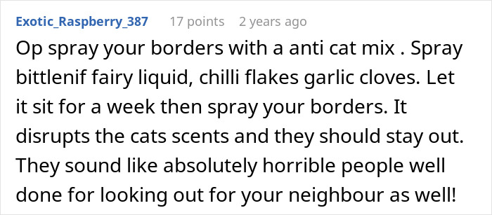 Commenter advising on an anti-cat spray mix to handle neighbors who think the block belongs to them.