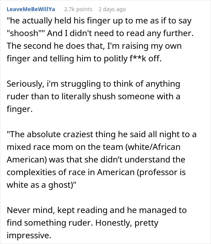 Screenshot of a Reddit comment describing an obnoxious dinner guest husband being rude and dreadful during a conversation.