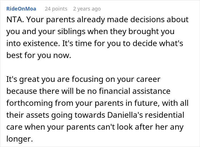 Comment text discussing family conflict over ableist accusations for refusing care of disabled sister after parents' support ends Comment text discussing family conflict over ableist accusations for refusing care of disabled sister after parents' support ends