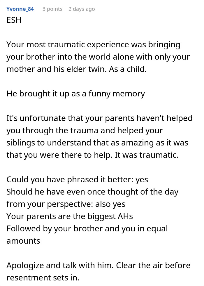 Alt text: Woman emotionally reacts to brother after he thanks her for delivering him, creating feelings of resentment and misunderstanding.