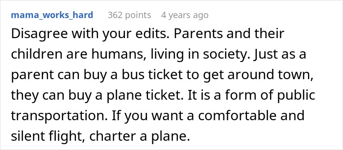 Comment discussing passenger confrontations with mom over toddler meltdown during an eight-hour flight on public transportation.