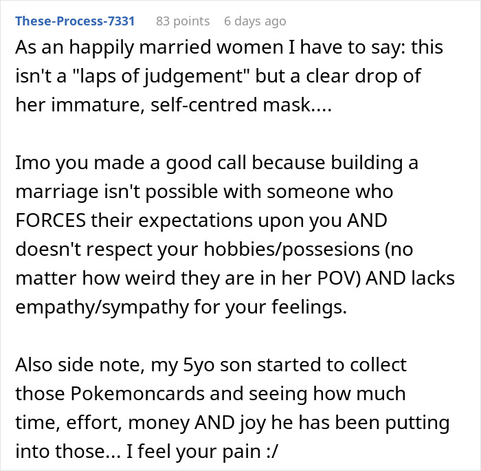 Commenter discusses marriage issues and the impact of getting rid of husband's Pok&eacute;mon card collection on the relationship.