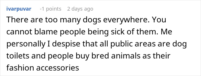 Online comment criticizing dogs in public spaces, expressing frustration over service dog fraud and misuse.