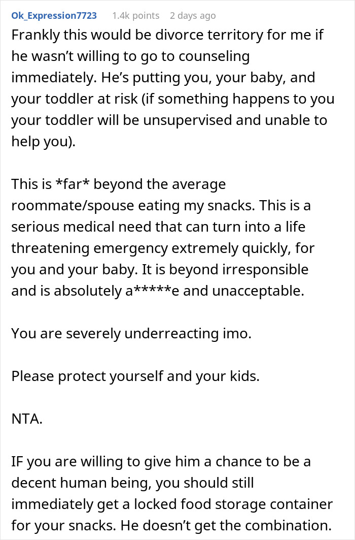 Text post discussing the serious risks when a pregnant woman’s husband eats emergency snacks needed for medical reasons. Text post discussing the serious risks when a pregnant woman’s husband eats emergency snacks needed for medical reasons.