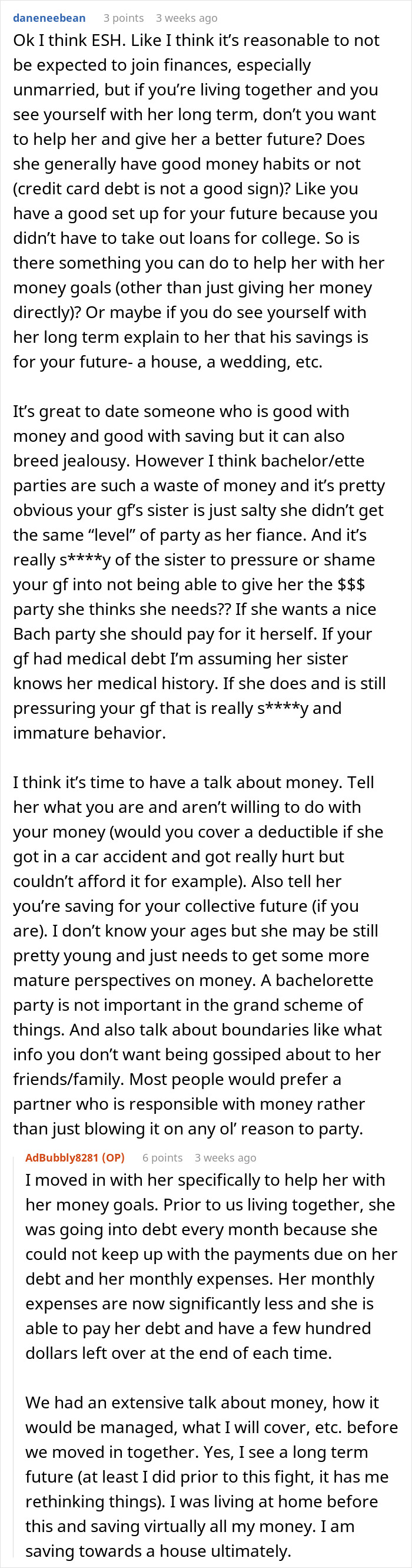 Screenshot of a Reddit discussion about a woman demanding combined income and boyfriend viewed as selfish with money. Screenshot of a Reddit discussion about a woman demanding combined income and boyfriend viewed as selfish with money.
