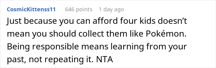 Screenshot of a Reddit comment discussing responsibility about a man having four kids with four different women.
