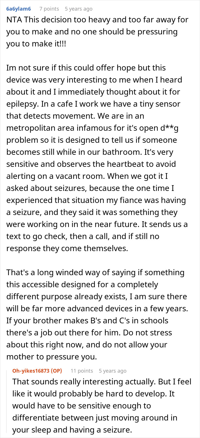 Screenshot of online discussion about using sensors to support care brother nocturnal epilepsy monitoring at home.