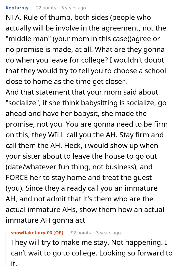 Reddit comment discussing a paralyzed woman refusing to babysit and social life impacts from mom's perspective.