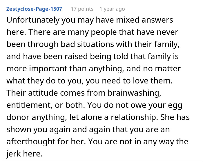 Screenshot of a Reddit comment discussing a teen torn about continuing to see their biological mom and feeling treated like a second-rate child. Screenshot of a Reddit comment discussing a teen torn about continuing to see their biological mom and feeling treated like a second-rate child.