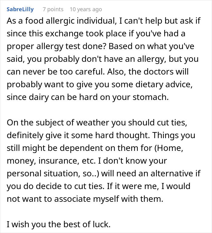 Commenter discussing food allergies and advising caution when considering cutting ties with parents after being lied to.