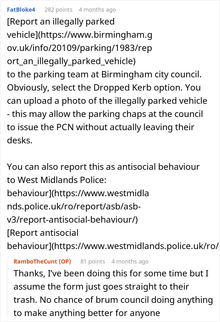 User discussion about male Karen repeatedly blocking neighbor's driveway and advice to involve cops for resolution.