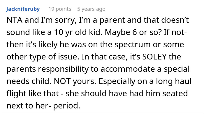 Text conversation about a teen refusing to entertain a stranger&rsquo;s kid on a 15-hour flight and the mom&rsquo;s reaction.