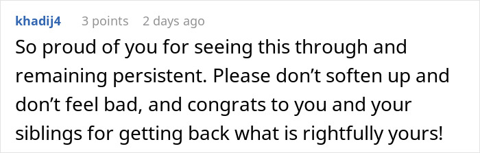 Screenshot of an online comment praising a grieving daughter&rsquo;s persistence in driving step-monster to financial ruin.