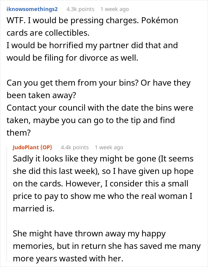Reddit comments discussing a wife disposing of husband's Pok&eacute;mon card collection, sparking controversy over marriage issues.