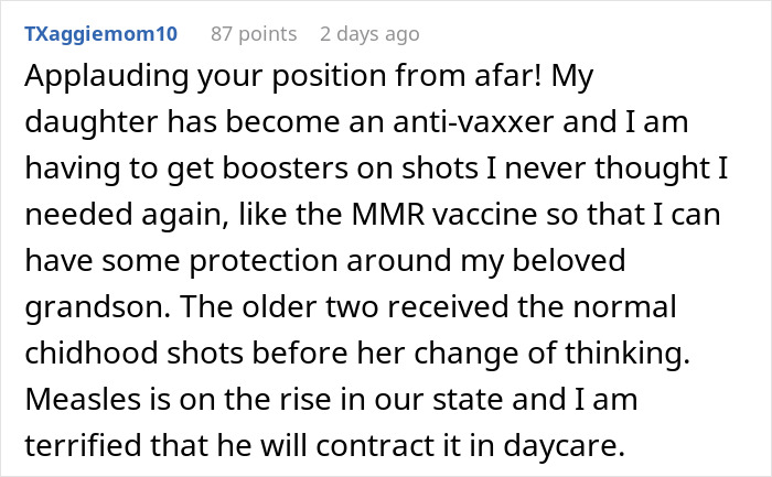 Comment discussing concerns about vaccines and protecting children from unvaccinated kids amidst rising measles cases.