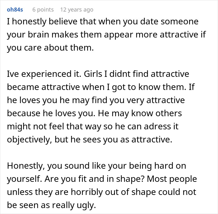 Text discussing wife's feelings and husband's admission about being an ugly woman and relationship perceptions of attractiveness.
