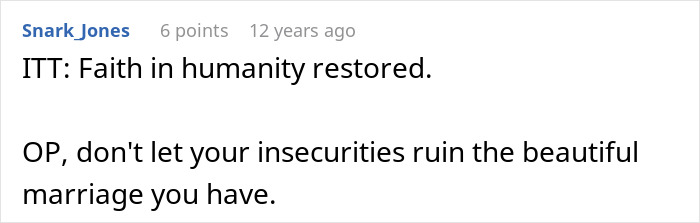 Screenshot of a forum comment advising not to let insecurities affect a beautiful marriage after insult about wife being ugly.