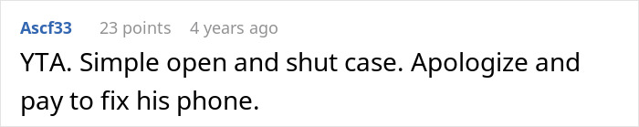 Comment discussing a couple's argument about empathy that led to accidentally breaking a phone, with advice to apologize and pay for repairs.