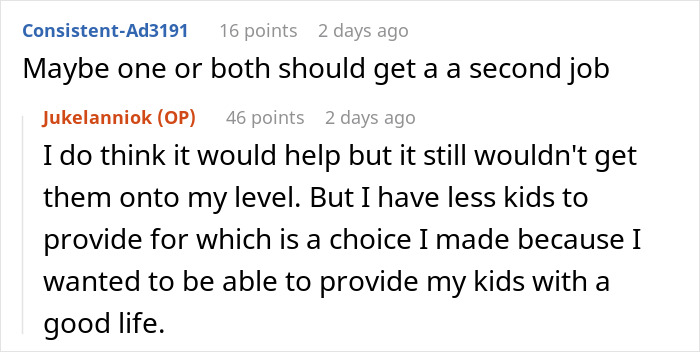 Reddit users discussing a cheater wanting rich ex to provide for her kids and trips only taken with their son.