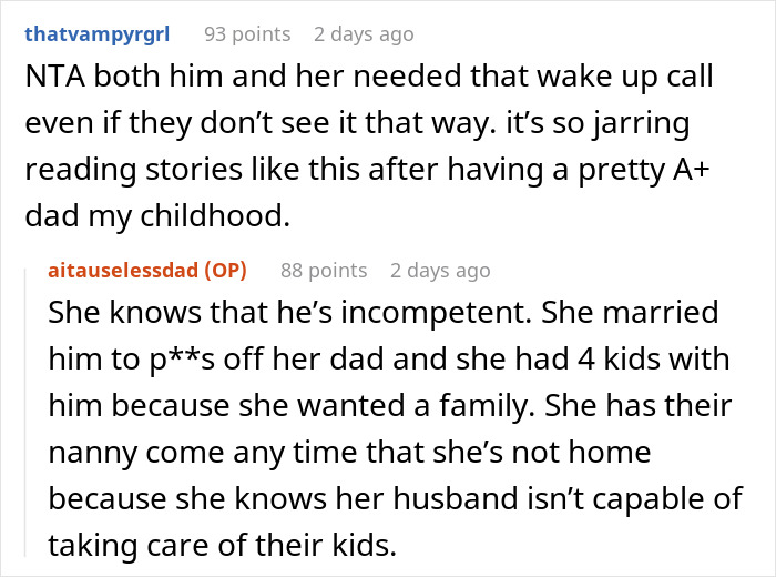 Reddit comments discussing clueless husband and wife passing out with high fever, highlighting family and care issues.