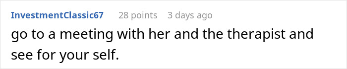 Screenshot of a user comment discussing meeting with wife and therapist in AITAH for telling wife to marry therapist topic.