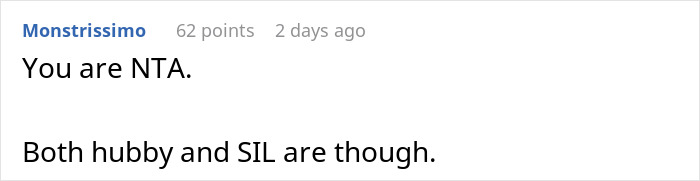 Text comment saying You are NTA, both hubby and SIL are though, in a plain white background comment box.
