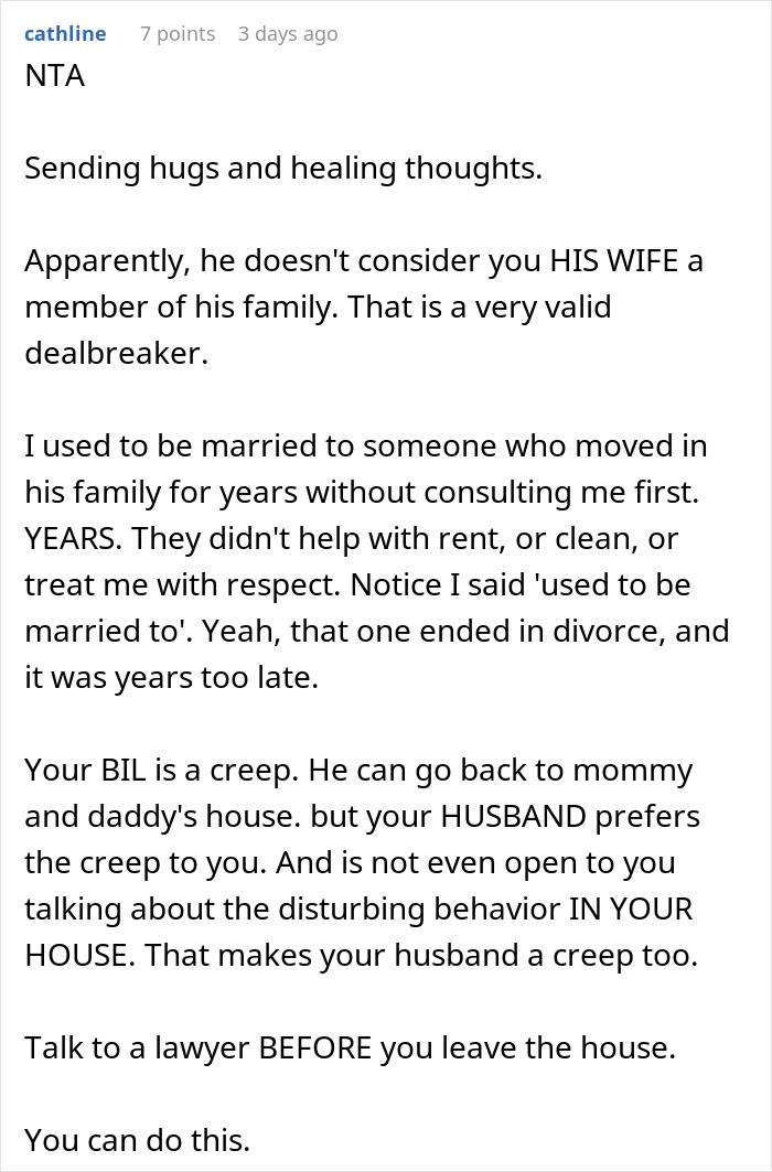 Commenter shares advice to wife removing wedding ring after family supports creepy brother-in-law.