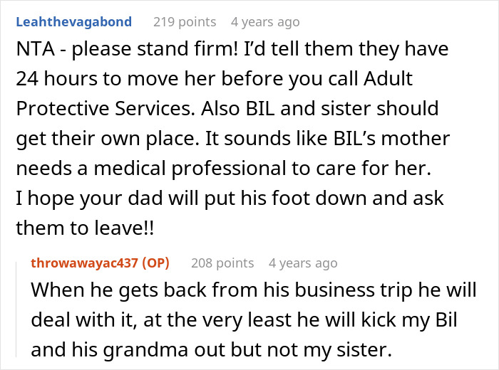 Reddit conversation about BIL trying to dump grandma on wife&rsquo;s siblings and sister called selfish for refusal.