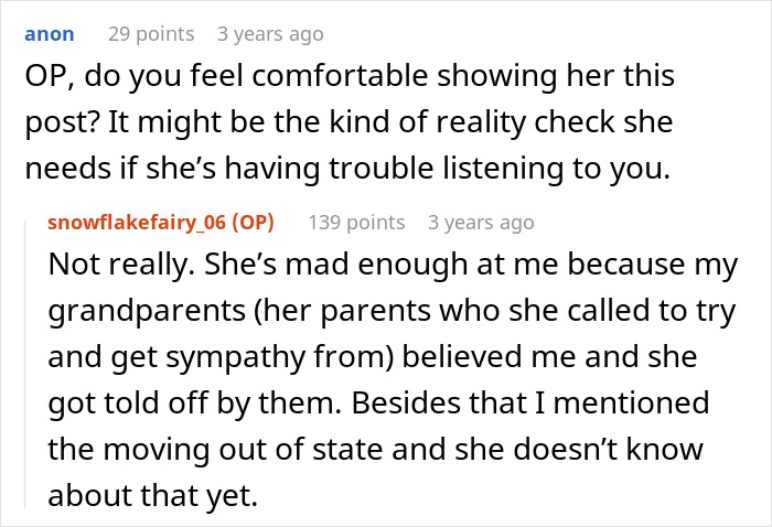 Screenshot of an online forum discussion about a paralyzed woman refusing to babysit and family conflict over social life.