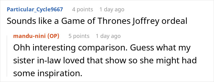 Screenshot of Reddit comments discussing a comparison to Game of Thrones involving a sister-in-law's inspiration.