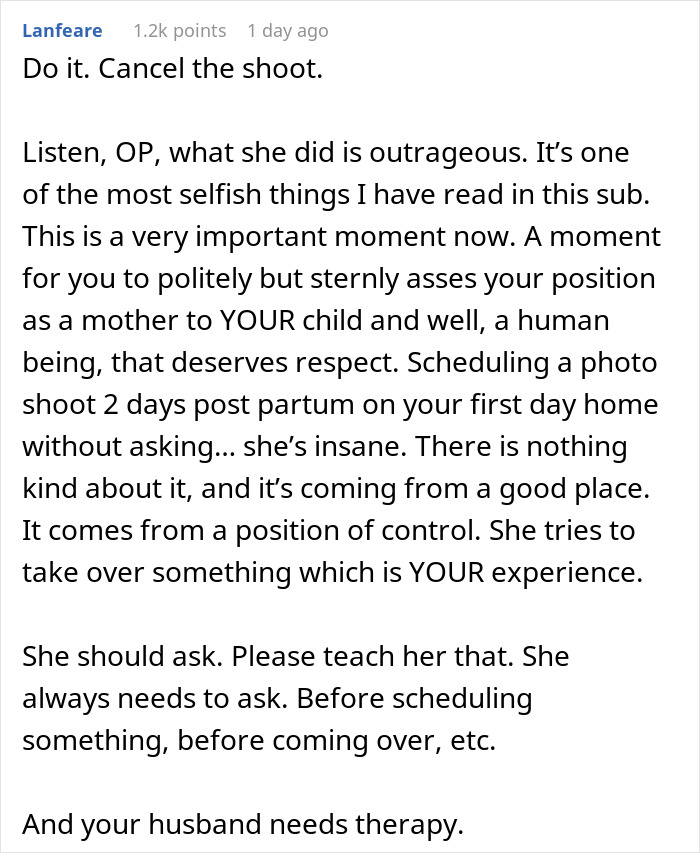 Comment criticizing overbearing MIL for booking photoshoot after DIL gives birth, urging cancellation and respect.